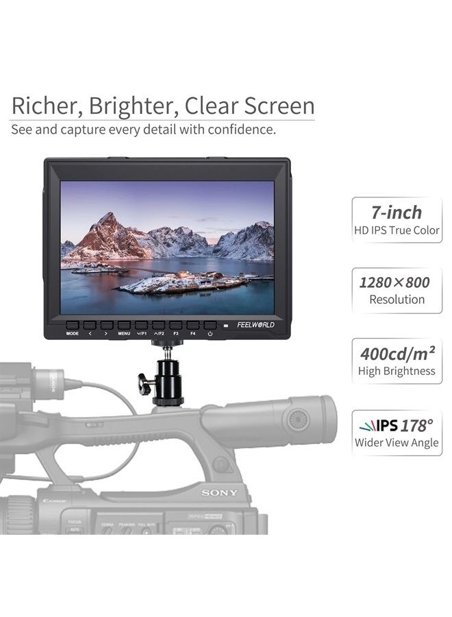 Feelworld FW759 7 Inch DSLR Camera Field Monitor HD Video Assist Slim IPS 1280x800 4K HDMI 1080p with Sunshade - Image 1