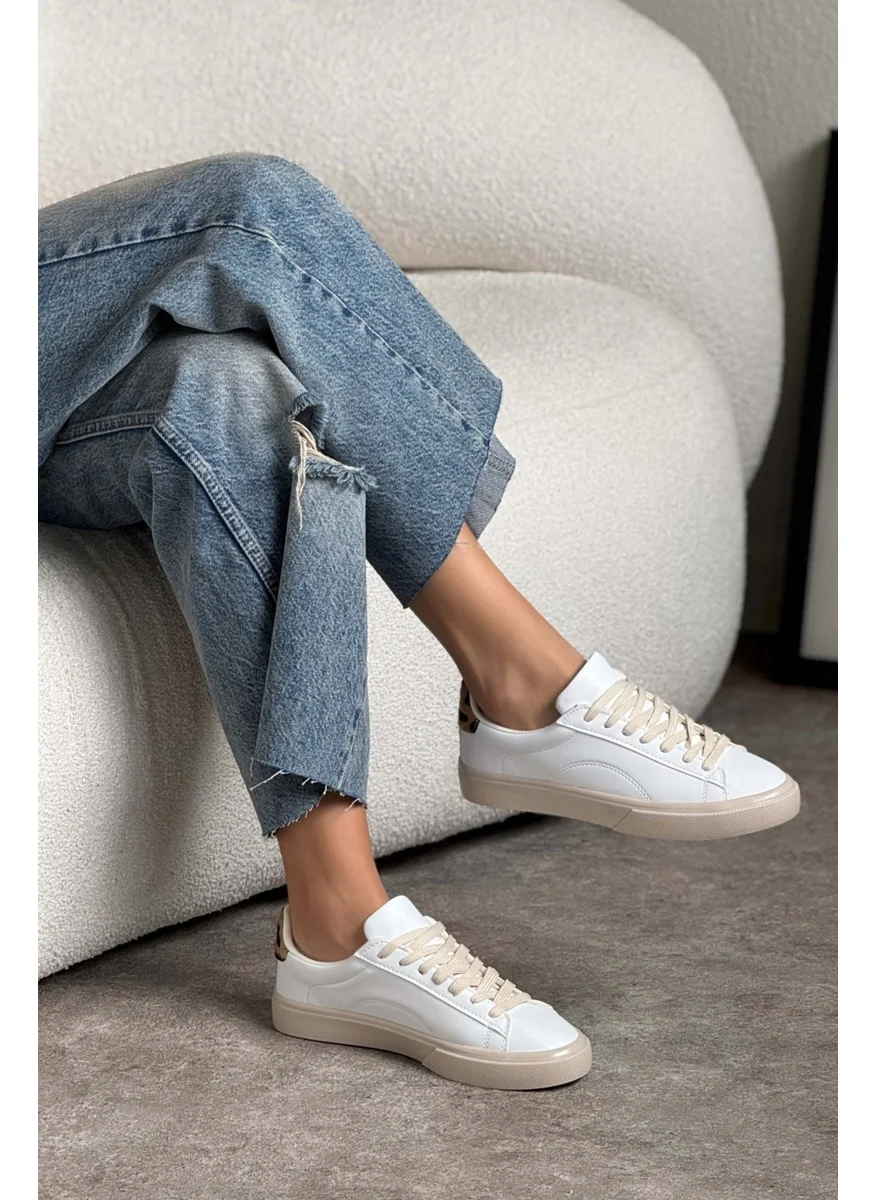 Nişantaşı Shoes Charlie White Matte Back Leo Flat Sole Women's Lace-Up Sports Shoes