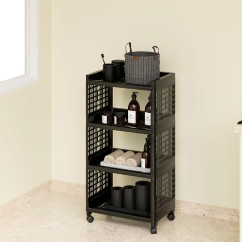 Biltoxi Multipurpose 4 Tier Storage Rack with Wheels | Bathroom Kitchen Organizer Shelf | Rolling Utility Trolley for Home, Laundry, Office & Living Room | Heavy Duty Plastic Rack (Black) - Image 5