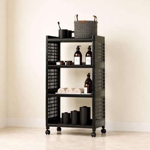 Biltoxi Multipurpose 4 Tier Storage Rack with Wheels | Bathroom Kitchen Organizer Shelf | Rolling Utility Trolley for Home, Laundry, Office & Living Room | Heavy Duty Plastic Rack (Black) - Image 1