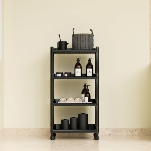 Biltoxi Multipurpose 4 Tier Storage Rack with Wheels | Bathroom Kitchen Organizer Shelf | Rolling Utility Trolley for Home, Laundry, Office & Living Room | Heavy Duty Plastic Rack (Black) - Image 3
