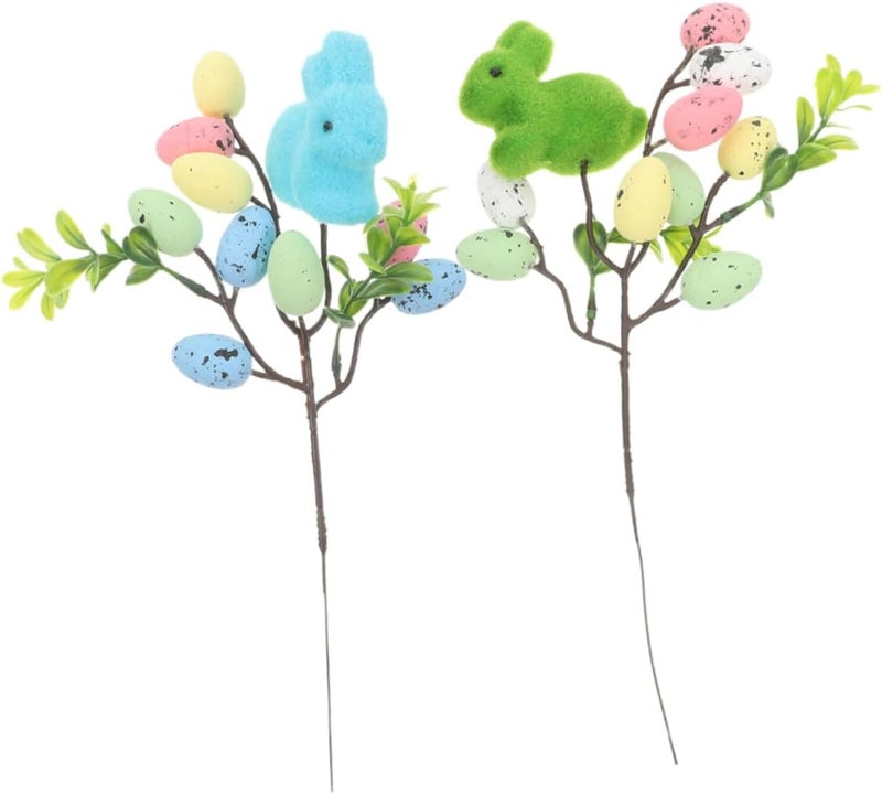 POPETPOP 2pcs Easter Egg Bunny Plugin Moss Flocked Rabbit Decorations Easter Egg Tree Branches Bouquet - Image 1