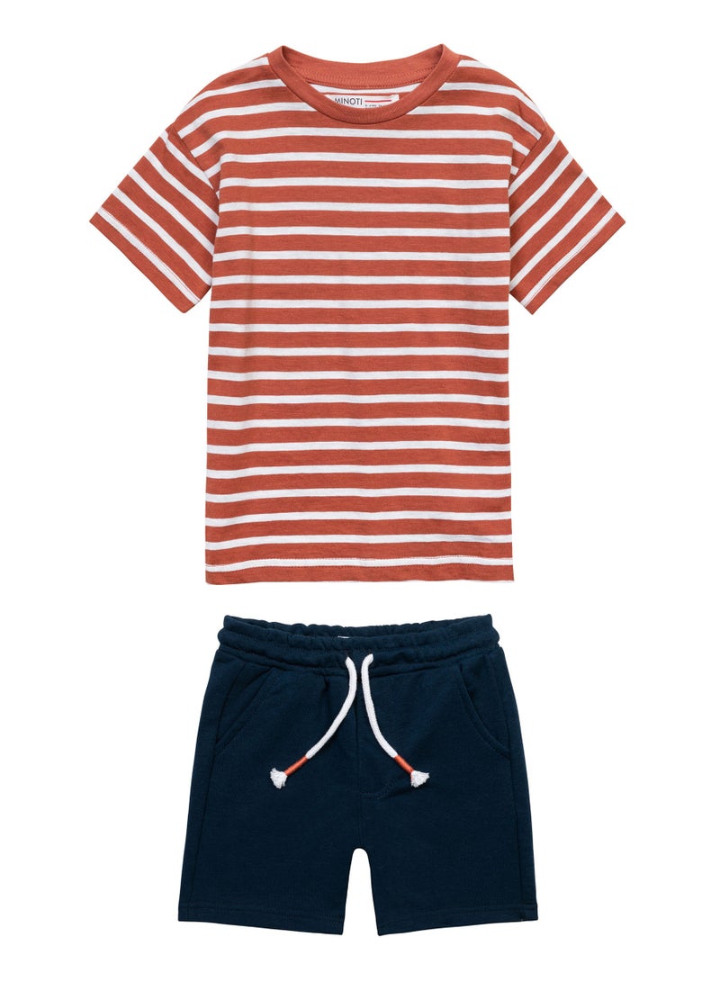 MINOTI Boys T-Shirt and Shorts Set with Stripe Print for Summer - Image 1