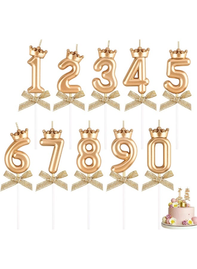 10 PCS Birthday Number Candles, Bow and Crown Number 0-9 Glitter Birthday Candles, Happy Birthday Party Cake Topper Decoration Gifts, Party Decorations for Men Women Wedding, Anniversary Indoor Use, Champagne Gold - Image 1