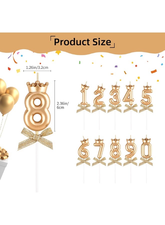 10 PCS Birthday Number Candles, Bow and Crown Number 0-9 Glitter Birthday Candles, Happy Birthday Party Cake Topper Decoration Gifts, Party Decorations for Men Women Wedding, Anniversary Indoor Use, Champagne Gold - Image 2