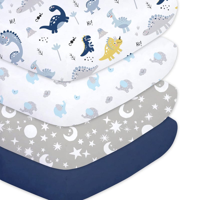 Plushii Crib Sheets for Baby Boys 4 Pack, 28"x 52" Extra Soft Microfiber Crib Sheet Set for Standard Crib & Toddler Mattress Pad, Dinosaur & Elephant & Stars & Navy Blue - Image 1