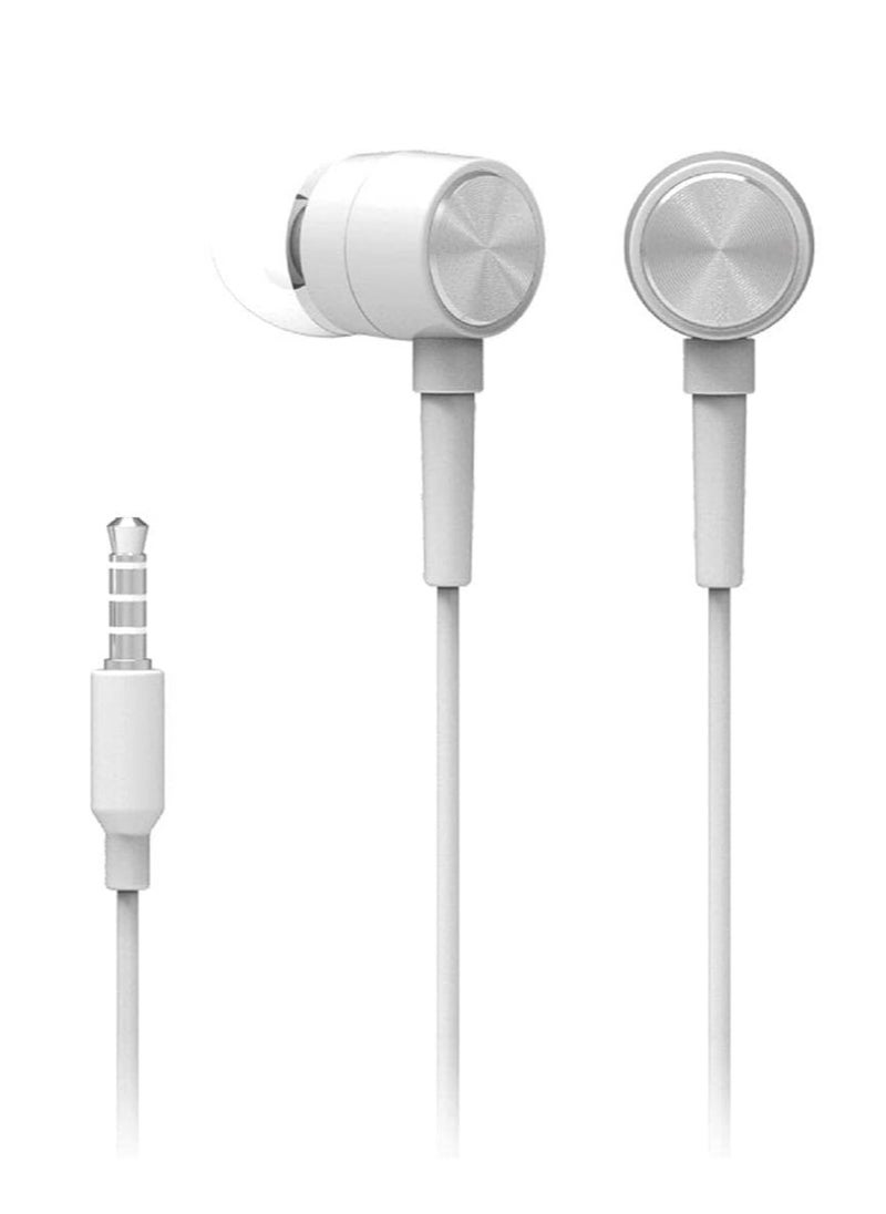 Wired earphone SKY-50 , with a 3.5mm jack and ergonomic design for long-lasting comfort, delivering clear, rich sound with deep bass while effectively blocking out ambient noise for an immersive listening experience - White