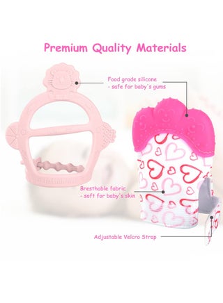 قفاز تسنين من السيليكون، قطعتان من قفاز التسنين للاطفال، لعبة تسنين الطفل مع حزام قابل للتعديل، صوت خشخشة ومنسوج، العاب مضغ للاطفال الرضع من عمر 0-6 اشهر.(وردي) - view 3