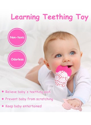 قفاز تسنين من السيليكون، قطعتان من قفاز التسنين للاطفال، لعبة تسنين الطفل مع حزام قابل للتعديل، صوت خشخشة ومنسوج، العاب مضغ للاطفال الرضع من عمر 0-6 اشهر.(وردي) - view 5