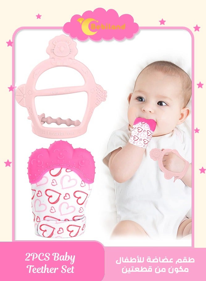 Bebiland 2PCS Baby Teething Set, Includes Baby Chew Toy and Silicone Mitten Teether Glove, Infant Soothing Pain Relief for Baby (Pink) - Image 1