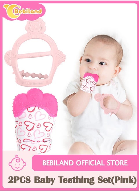 2PCS Baby Teething Set, Includes Baby Chew Toy and Silicone Mitten Teether Glove, Infant Soothing Pain Relief for Baby (Pink)