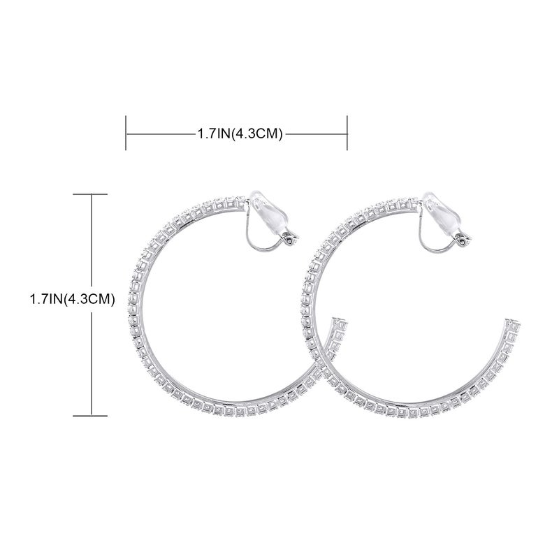 YOQUCOL 4.3CM(1.7in) Silver Clip On Hoop Earrings Cubic Zirconia Non Pierced Ears Hoops for Women - Image 3