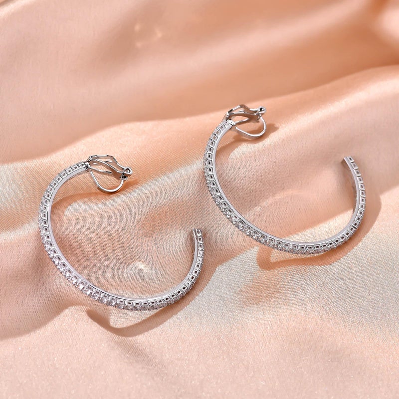 YOQUCOL 4.3CM(1.7in) Silver Clip On Hoop Earrings Cubic Zirconia Non Pierced Ears Hoops for Women - Image 4