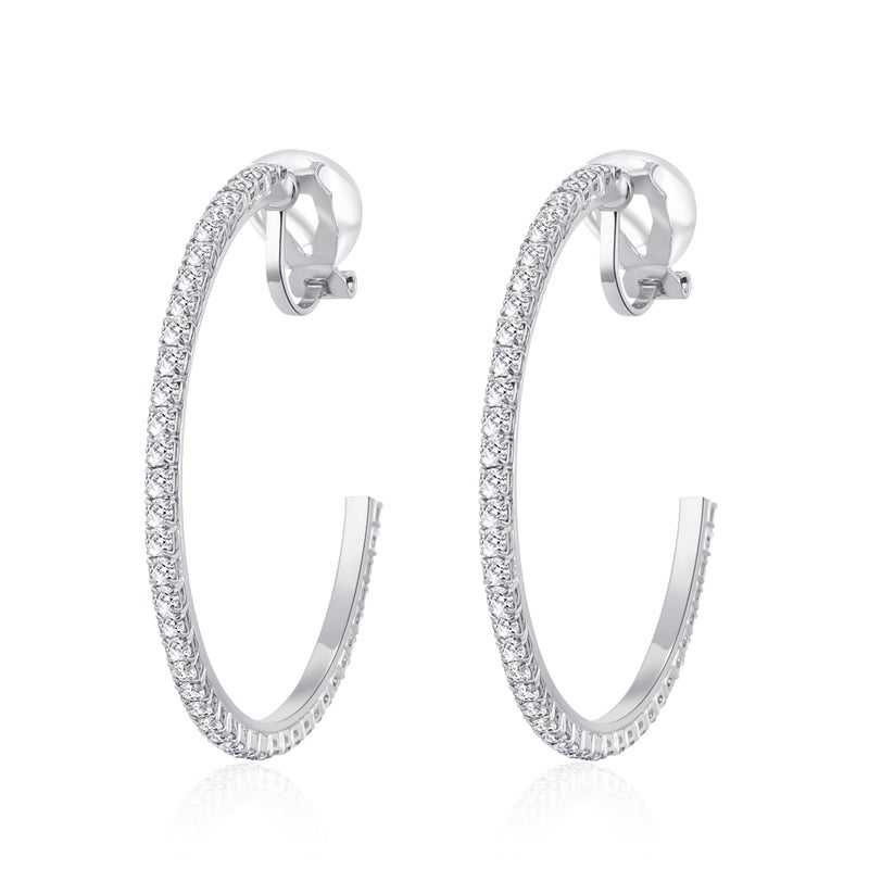 YOQUCOL 4.3CM(1.7in) Silver Clip On Hoop Earrings Cubic Zirconia Non Pierced Ears Hoops for Women - Image 1