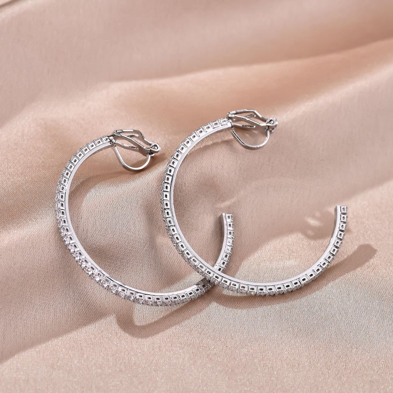 YOQUCOL 4.3CM(1.7in) Silver Clip On Hoop Earrings Cubic Zirconia Non Pierced Ears Hoops for Women - Image 5