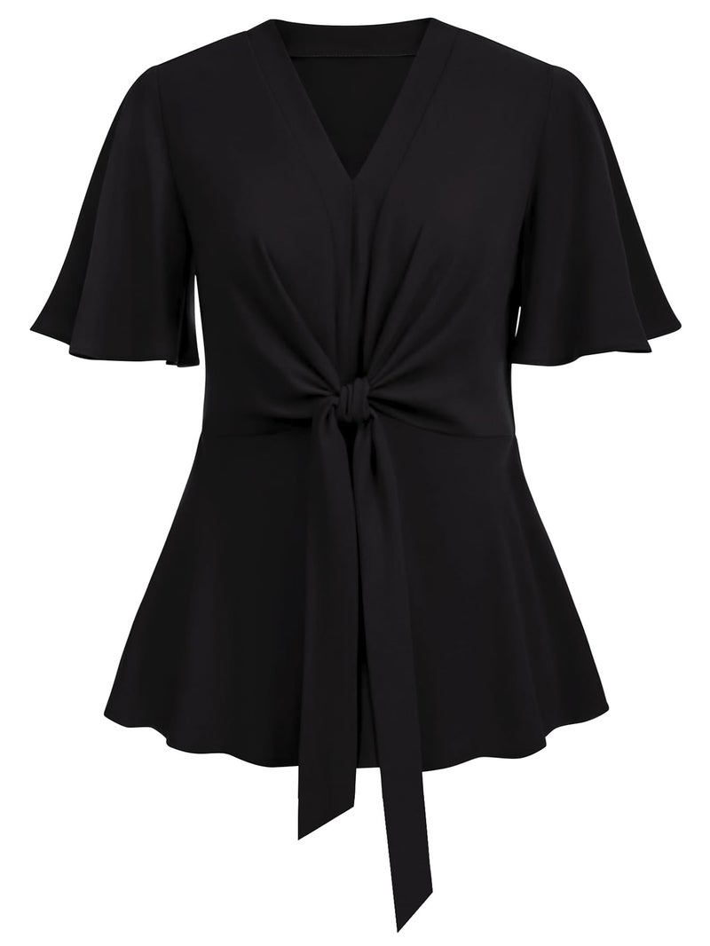 SCOMCHIC 2024 Women's Plus Size Peplum Tops Elegant V Neck Tie Front Bell Sleeve Flowy Blouses Shirts Black 2XL - Image 1