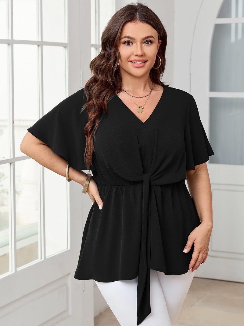 SCOMCHIC 2024 Women's Plus Size Peplum Tops Elegant V Neck Tie Front Bell Sleeve Flowy Blouses Shirts Black 2XL - Image 4