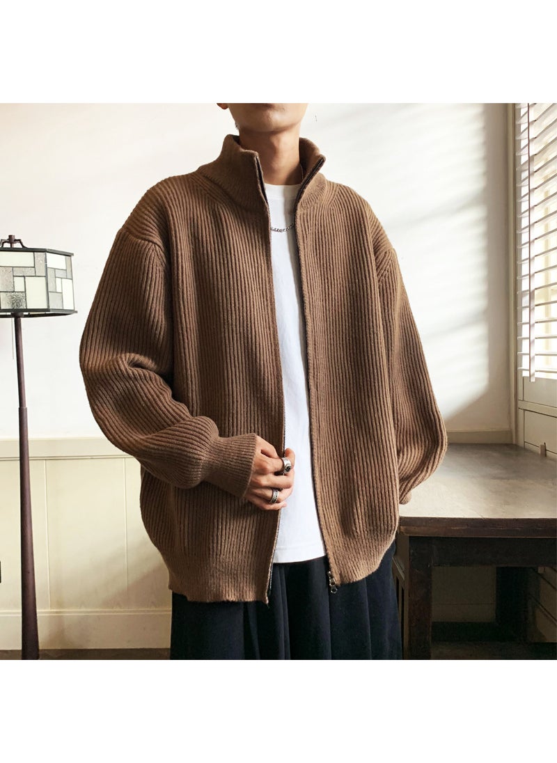 Generic - 2024 Autumn Casual Turtle Neck Mens Knitted Top Sweater Cardigan Zippered Pullover Coat Daily Wear Formal Dress One Piece Free  Brown - Image 1