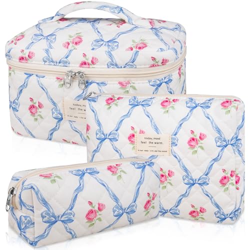 Gosect Makeup Bag Set, Quilted Makeup Bag, Large Floral Cosmetic Bag for Women, Cute Cotton Makeup Bags, Flower Travel Toiletry Organizer Bag (Blue Flower) - Image 1