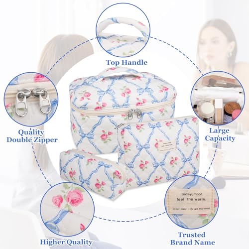 Gosect Makeup Bag Set, Quilted Makeup Bag, Large Floral Cosmetic Bag for Women, Cute Cotton Makeup Bags, Flower Travel Toiletry Organizer Bag (Blue Flower) - Image 3
