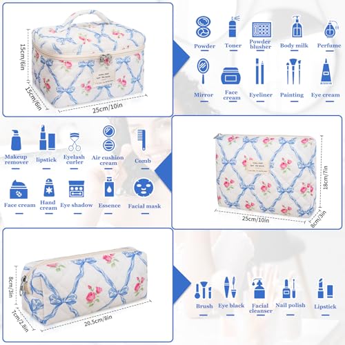 Gosect Makeup Bag Set, Quilted Makeup Bag, Large Floral Cosmetic Bag for Women, Cute Cotton Makeup Bags, Flower Travel Toiletry Organizer Bag (Blue Flower) - Image 2