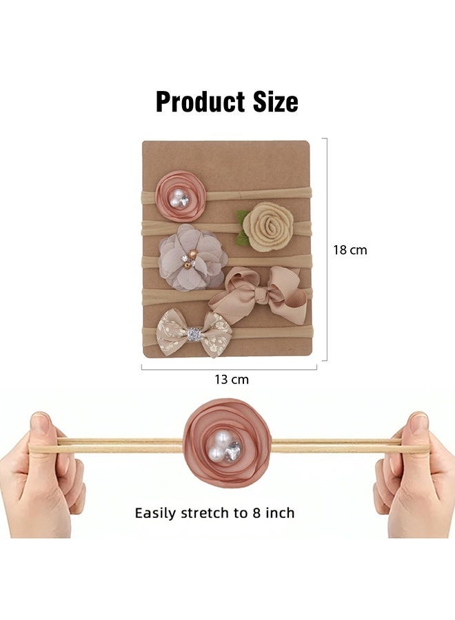 Wffo 5 Pcs Baby Headband, Flower & Bow Stretchable, Nylon HairBand for Newborn Infant Toddlers Kids 0-3 Year (Khaki, Free Size) - Image 2