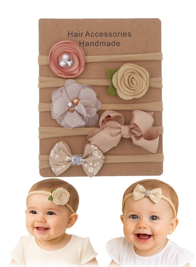 Wffo 5 Pcs Baby Headband, Flower & Bow Stretchable, Nylon HairBand for Newborn Infant Toddlers Kids 0-3 Year (Khaki, Free Size) - Image 1