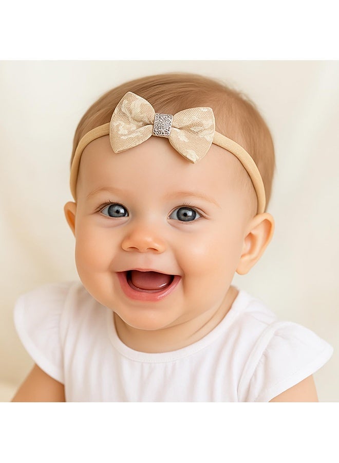 Wffo 5 Pcs Baby Headband, Flower & Bow Stretchable, Nylon HairBand for Newborn Infant Toddlers Kids 0-3 Year (Khaki, Free Size) - Image 5