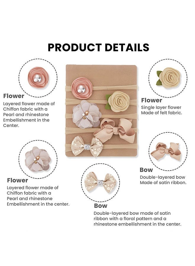 Wffo 5 Pcs Baby Headband, Flower & Bow Stretchable, Nylon HairBand for Newborn Infant Toddlers Kids 0-3 Year (Khaki, Free Size) - Image 3