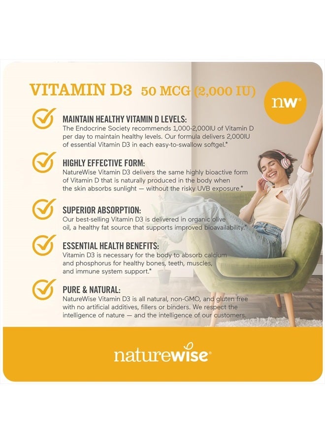 NatureWise فيتامين د3 2000 وحدة دولية (50 ميكروجرام) لوظائف العضلات الصحية ودعم المناعة، غير معدّل وراثيًا، خالٍ من الجلوتين في زيت الزيتون المعصور على البارد، (كبسولة هلامية صغيرة)، 30 قرصًا (قد تختلف العبوة) - Image 2