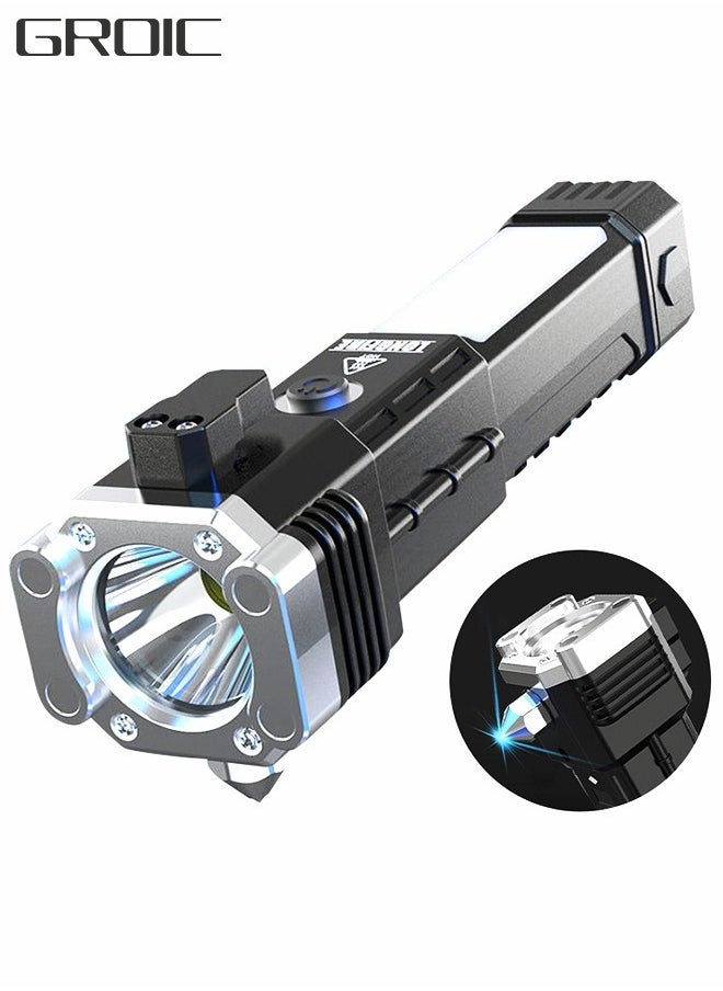 GROIC Waterproof Tactical Flashlight, Car Safety Hammer Window Breaker Seat Belt Cutter with Cob Side Light, Power Bank, USB Charging, Magnetic, Strobe Modes All in One Flashlight  - Image 1