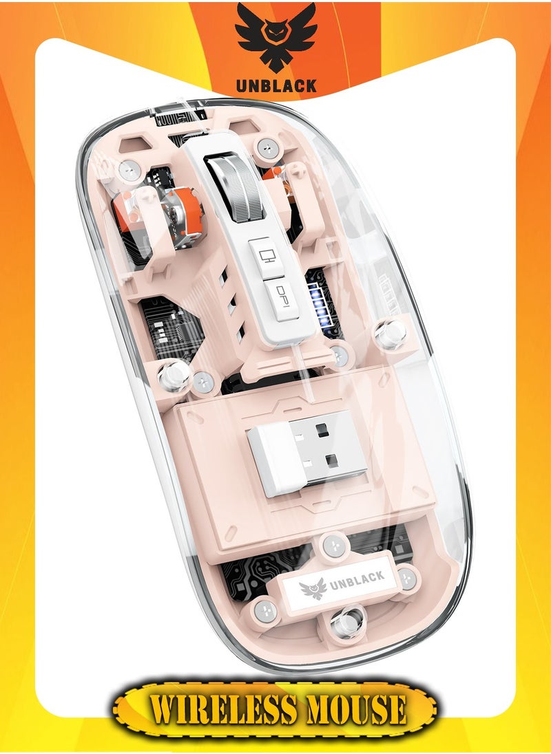 UNBLACK - UNBLACK Wireless Mouse Crystal Transparent, Gaming Adjustable DPI, Triple 2.4G Mode Switching Bluetooth 2, Rechargeable digital display Silent Mouse for PC Laptops Mac iPhone Android - Pink - Image 1
