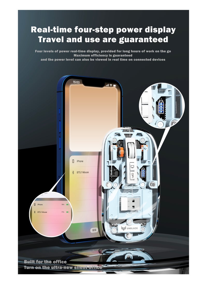 UNBLACK - UNBLACK Wireless Mouse Crystal Transparent, Gaming Adjustable DPI, Triple 2.4G Mode Switching Bluetooth 2, Rechargeable digital display Silent Mouse for PC Laptops Mac iPhone Android - Pink - Image 1