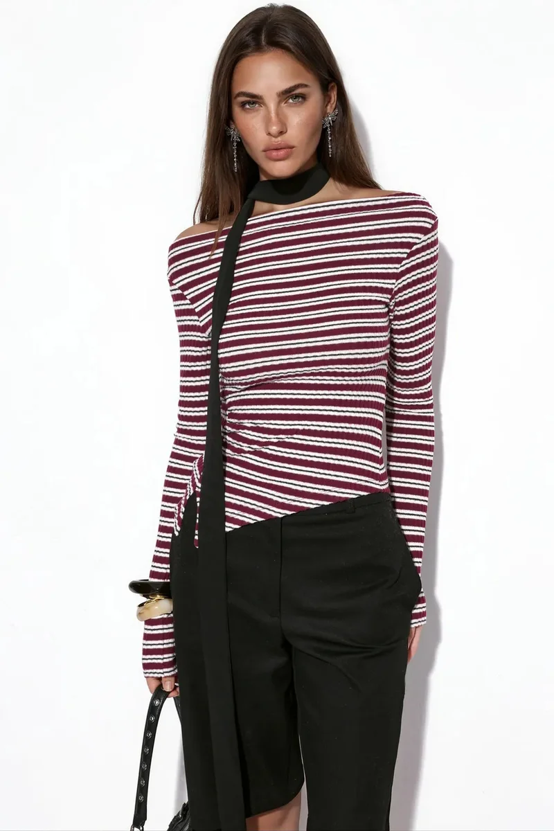 Busem BUSEM Striped Ribbed Boat Neck Top