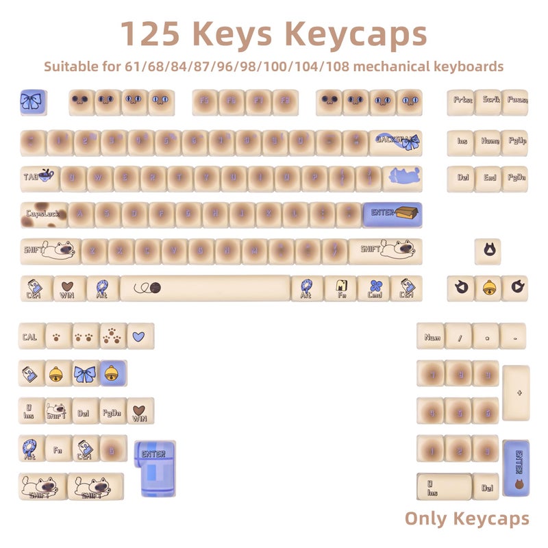 COOMICKEY Siamese Cat Keycaps Set, Dye-Sublimation PBT, Mao Profile, 125 Keys Meow Meow Custom Cute Keycaps for ANSI/ISO Layout, MX Switches Mechanical Gaming Keyboard - Image 2