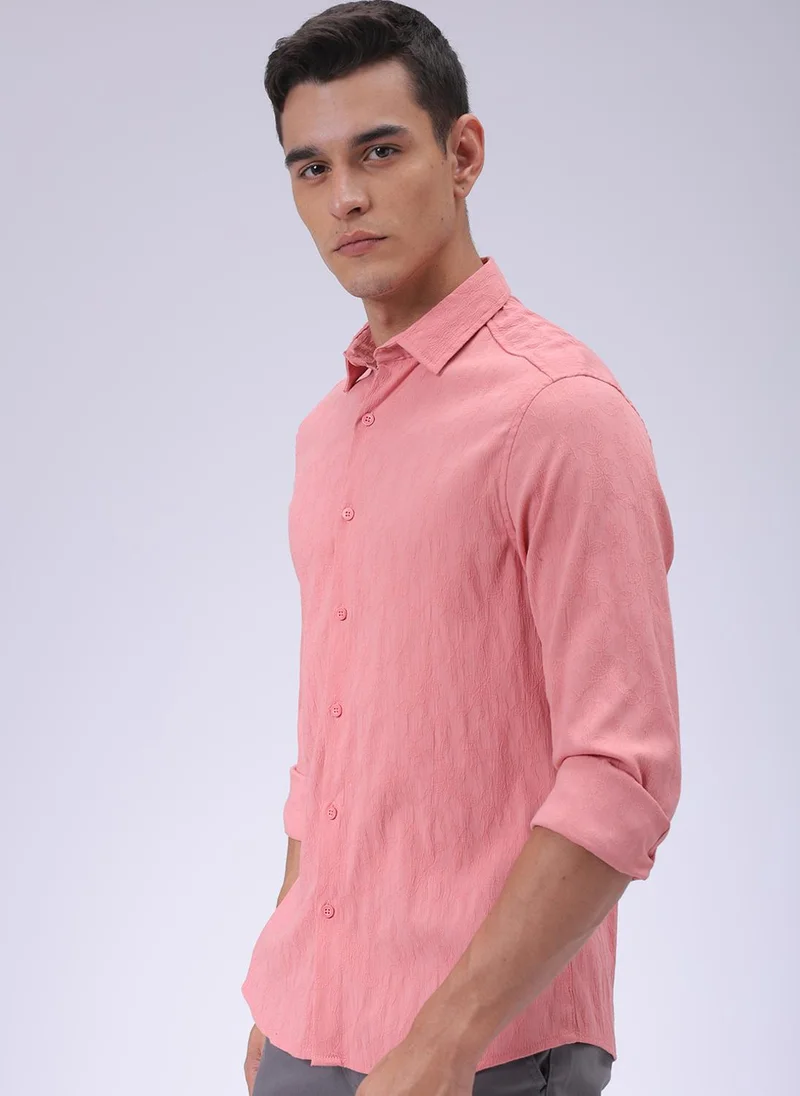 The Indian Garage Co Men Slim Fit Textured Floral Full Sleeves Cutaway Collar Resort Wear Shirt