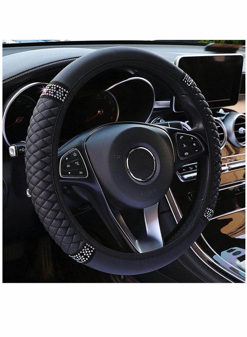 KASTWAVE Diamond Leather Steering Wheel Cover for Women Girls, with Bling Bling Crystal Rhinestones, Universal Fit 15 Inch Car Steering Wheel Protector (Black) - Image 1