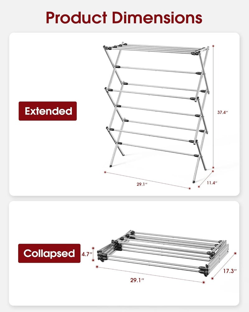 Sakugi Foldable Clothes Drying Rack – Metal Laundry Drying Rack with Non-Slip Feet, 3-Tier Space-Saving Clothing Rack for Organization, Indoor & Outdoor Use, 11.4" D x 29.1" W x 37.4" H, Silver - Image 3