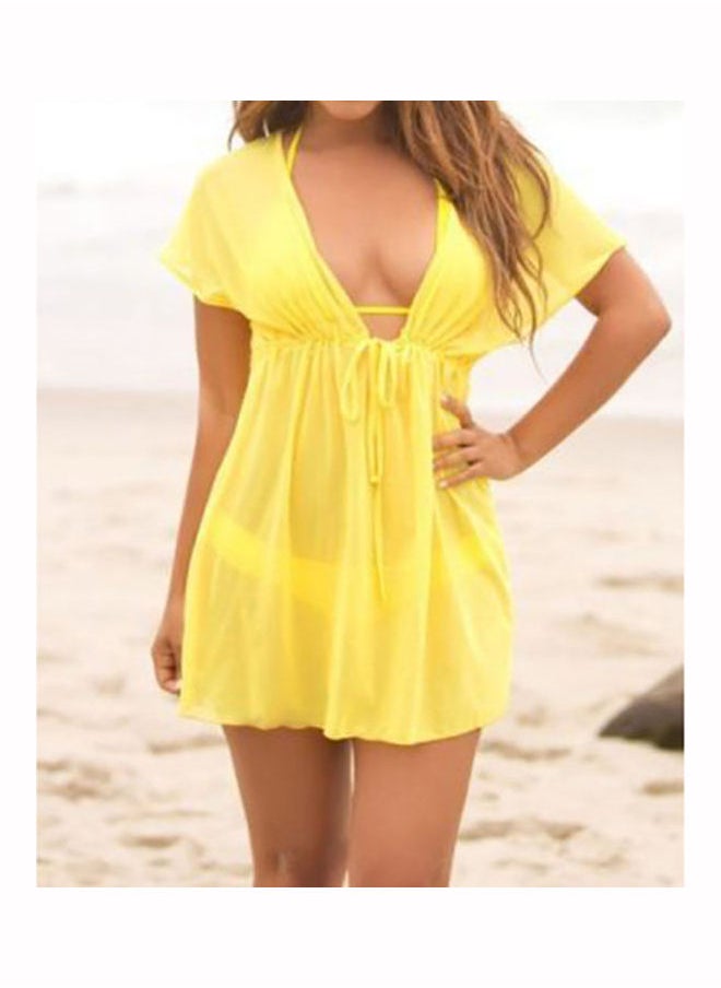 Loquat Women Beach Dress Cover Up Solid Colour Summer Swimwear Deep V-Neck Sarong Yellow  - Image 1