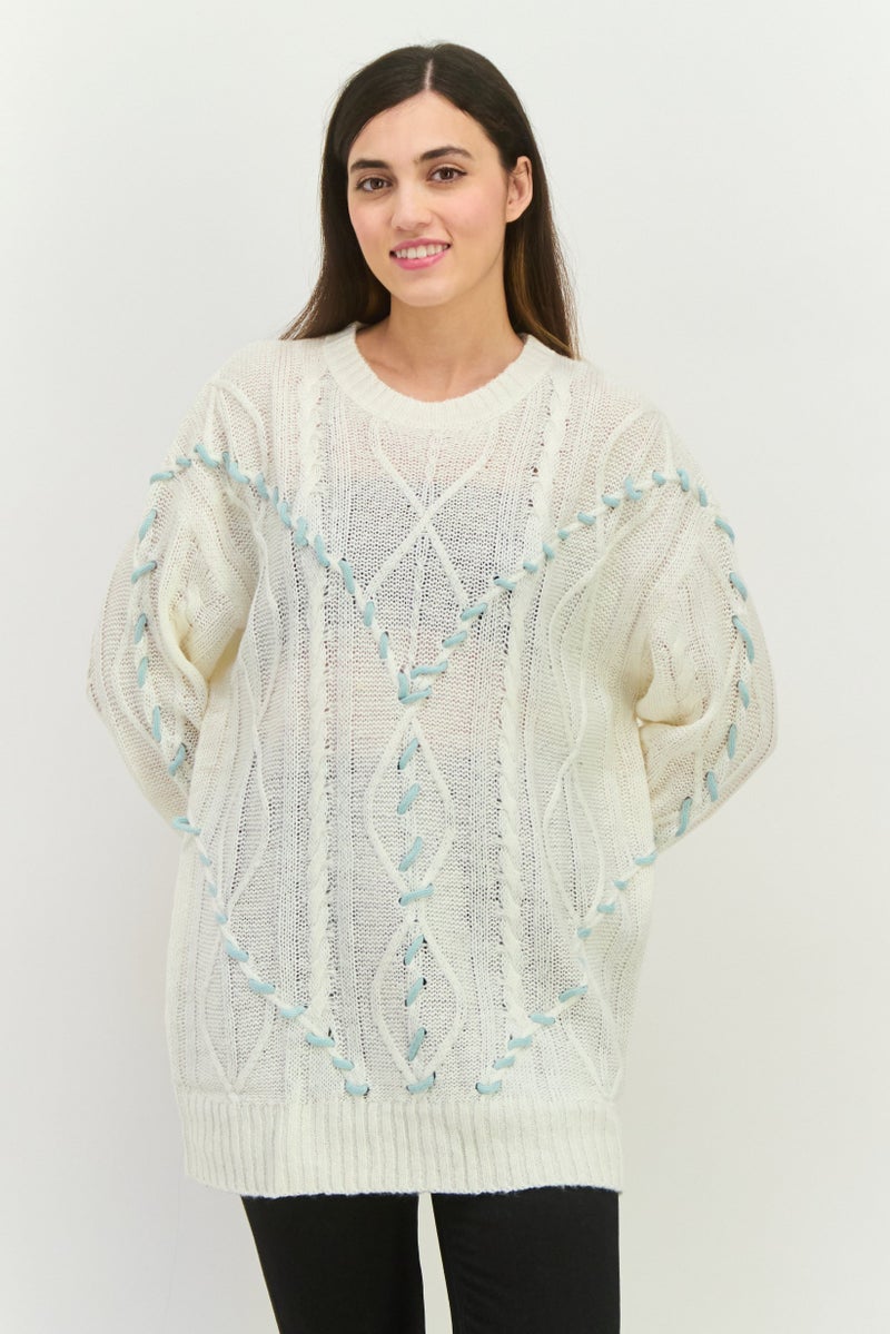 Native Youth Women Round Neck Textured Sweater, Cream - Image 1