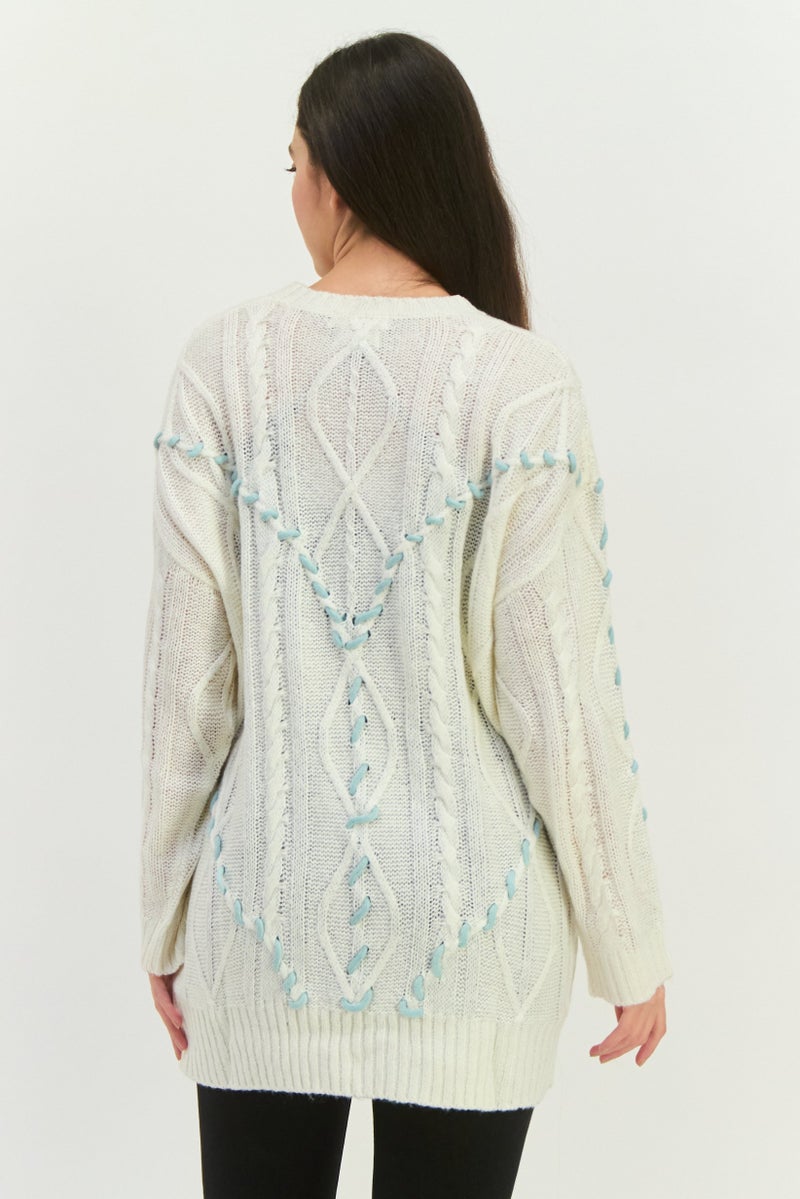 Native Youth Women Round Neck Textured Sweater, Cream - Image 3