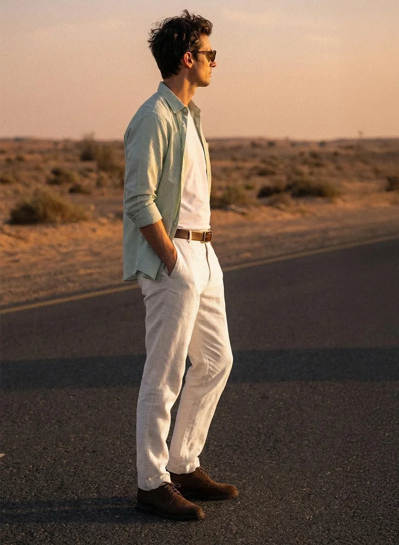 دينيس لينغو White Cotton Solid Full Chinos Straight Trouser For Men