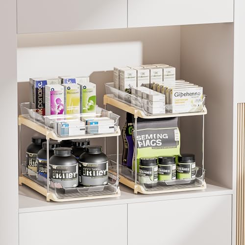 Delamu 2-Tier Multi-Purpose Bathroom Under Sink Organizers and Storage, Stackable Kitchen Pantry Organization, Pull Out Medicine Cabinet Organizer with Movable Dividers, Beige, 2 Pack - Image 4
