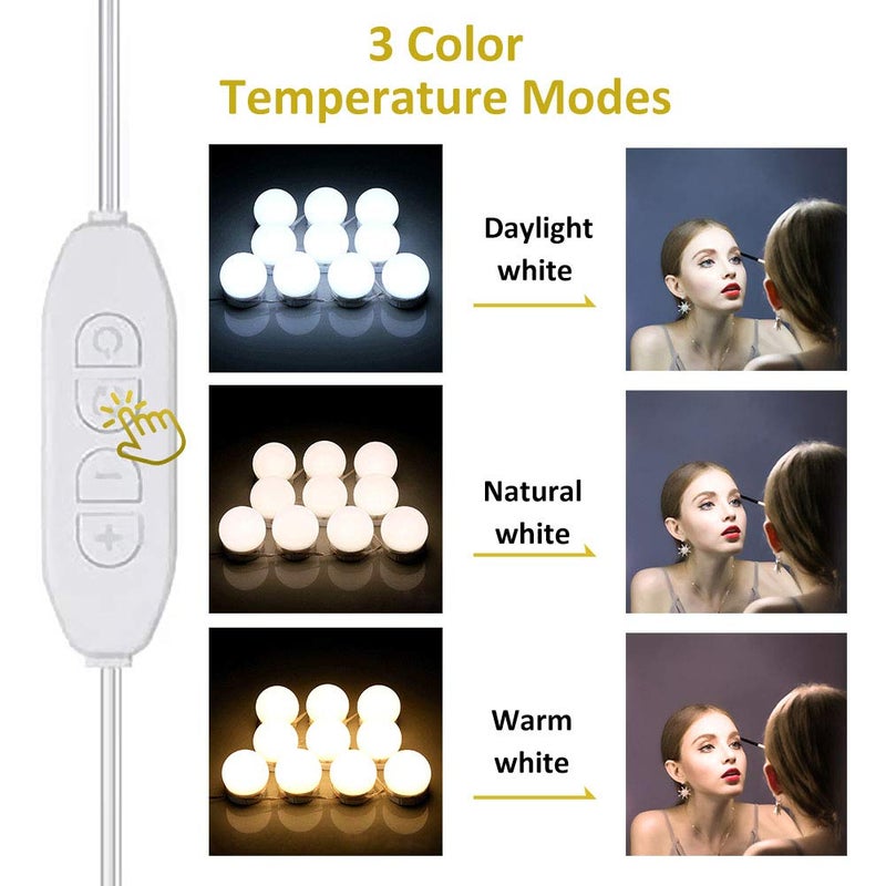 Dbmoon Hollywood Style Led Vanity Mirror Lights 10 Dimmable Bulbs 3 Color ModesMakeup Lights Stick On For Vanity Table Set Bathroom MirrorUsb Power CordMirror Adapter Not IncludedMulticolor - Image 2