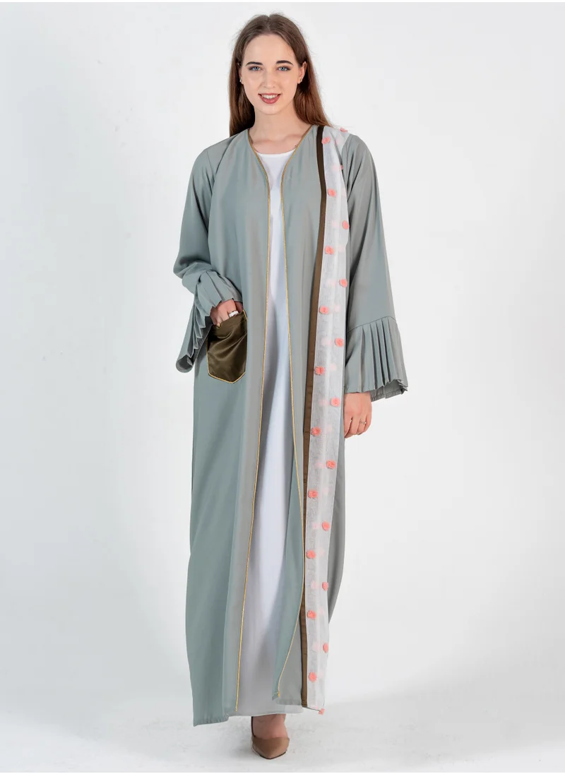 Rosette Abaya Green Abaya With Design & Wide Sleeves