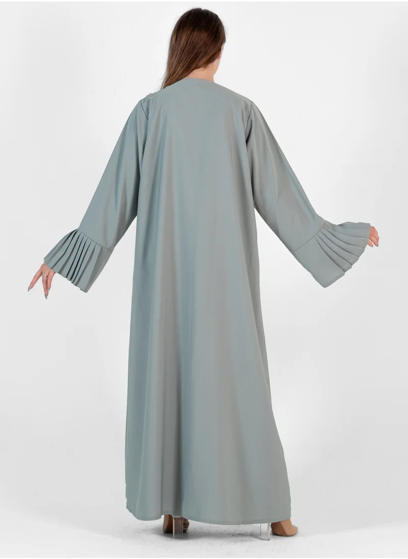 Rosette Abaya Green Abaya With Design & Wide Sleeves