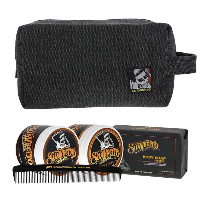 Suavecito Men's Hair Grooming Set OG & Firme (Strong) Hold Pomade, Body Soap, Large Deluxe Comb & Black Canvas Bag - Image 3
