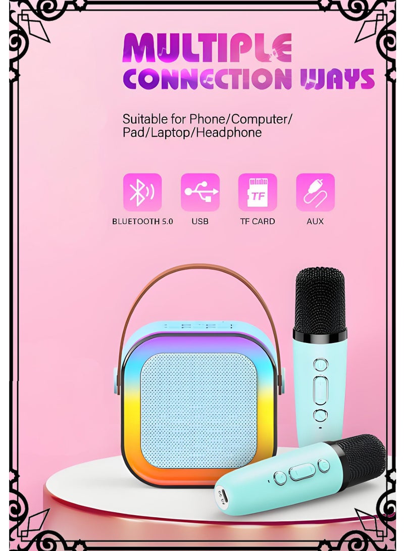 Karaoke Machine for Kids, Mini Portable Bluetooth Karaoke Speaker with 2 Wireless Mics and led Colorful Lights for Kids Adults, Gifts Toys for Girls Boys Family Home Party blue color - Image 1