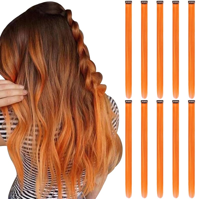 إضافات شعر برتقالية قابلة للتثبيت للأطفال الفتيات 10 قطع 22 بوصة ملونة مقاومة للحرارة خصلات شعر صناعية طويلة مستقيمة