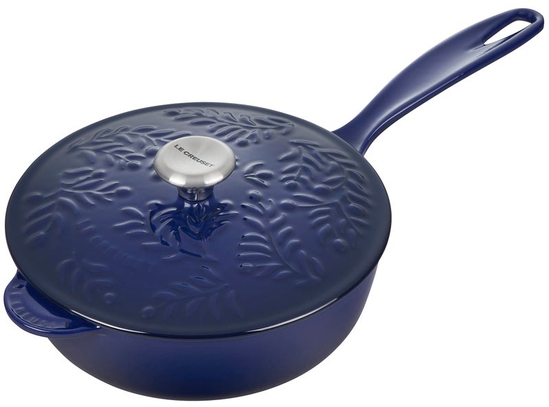 Le Creuset Olive Branch Collection Enameled Cast Iron Saucier 225 qt Indigo with Embossed Lid
